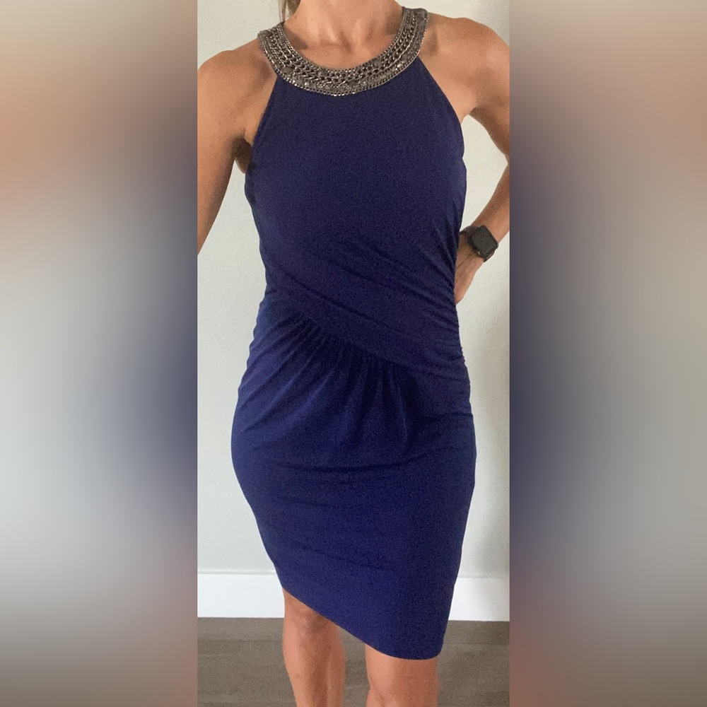 Laundry by Shelli Segal. Dark blue dress with wire mesh neckline. Zip closure